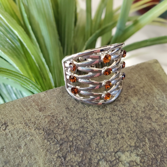 Silver Tone Adjustable Band Ring with Orange Brown Jewels 💥3 for $24💥 - Picture 13 of 15